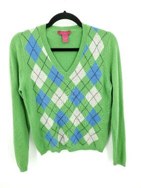 Cashmere Cache 100% Cashmere V-neck Argyle Sweater M Green/Blue/Gray